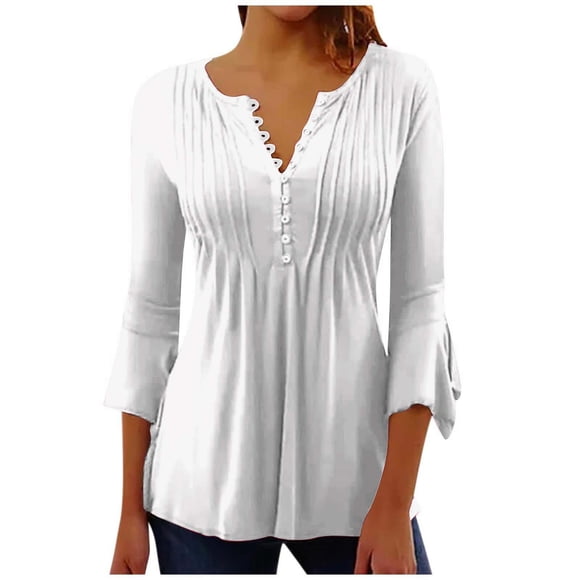 LMKIHUSA women's 3/4 Sleeve Tops Elegant Bell Sleeves Pleated Belly Hiding Solid Color T Shirts Casual Trendy Summer 2025 Blouses V Neck Buttons Loose Fit Shirts White,XXL
