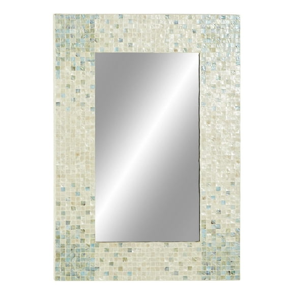 DecMode 24" x 36" Cream Handmade Mosaic Wall Mirror with Blue Corners
