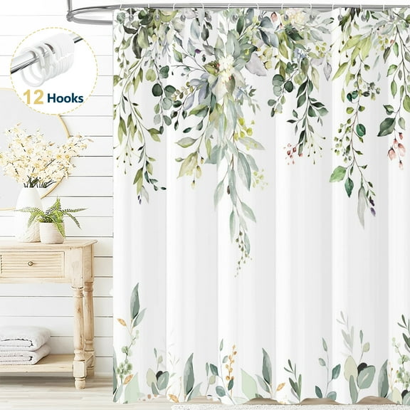 Dznils Green Eucalyptus Fabric Shower Curtain, Watercolor Floral Pattern with Hooks, 72" x 72"