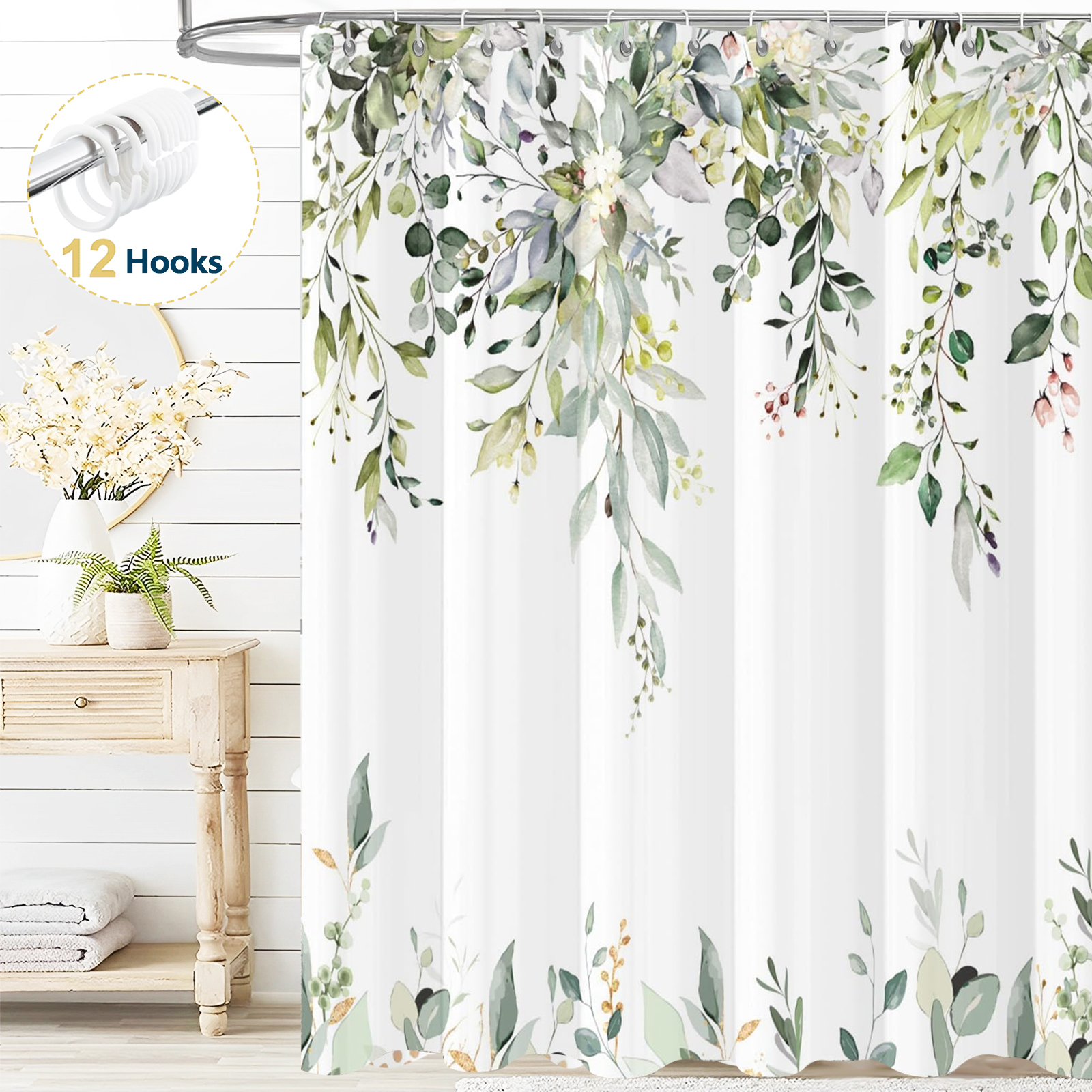 Dznils Green Eucalyptus Watercolor Floral Shower Curtain, 72x72" photo 1