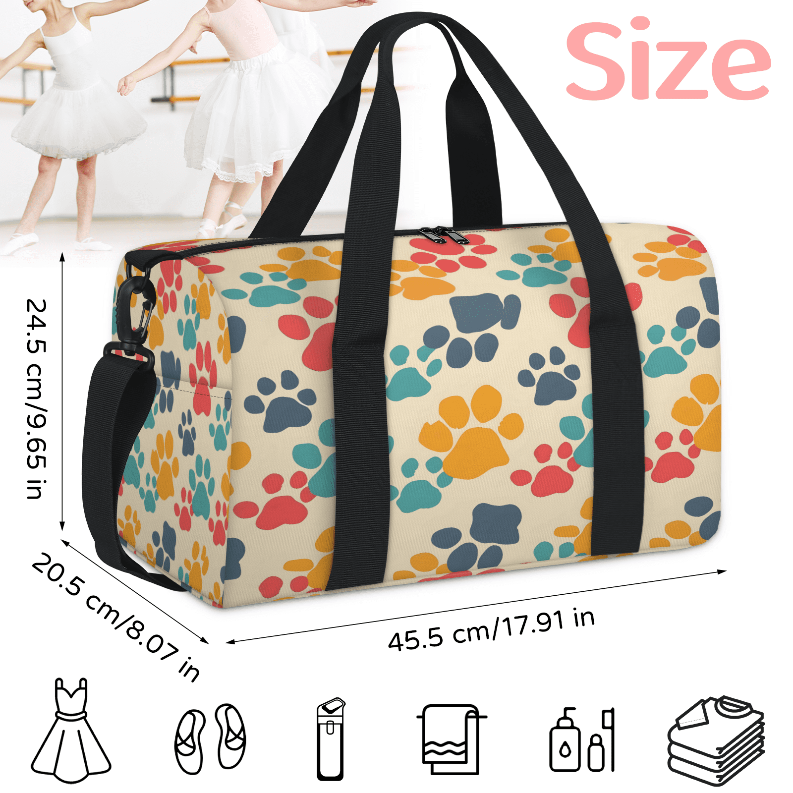 Herdesigns Dog Paw Print Pet Gym Bag for Women, Duffle Bag for Travel Sport, Lightweight Waterproof Carry on Weekender Overnight Dance Yoga Workout Bags