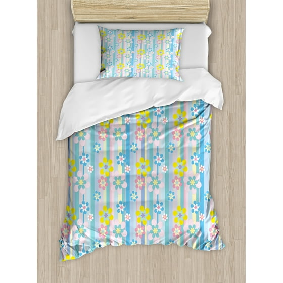 Pastel Duvet Cover Set Abstract Spring Season Themed Cute Graphic Pastel Duvet Cover Set Abstract Spring Season Themed Cute Graphic Daisies On Vertical Stripes Soft Modern Decorative Bedding With Pillow Shams