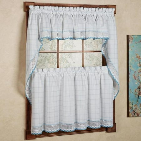 Sweet Home Collection Cotton Classic White/ Blue Window Pane Pattern and Crotchet Trim Tiers, Swags and Valance (Best Double Pane Replacement Windows)