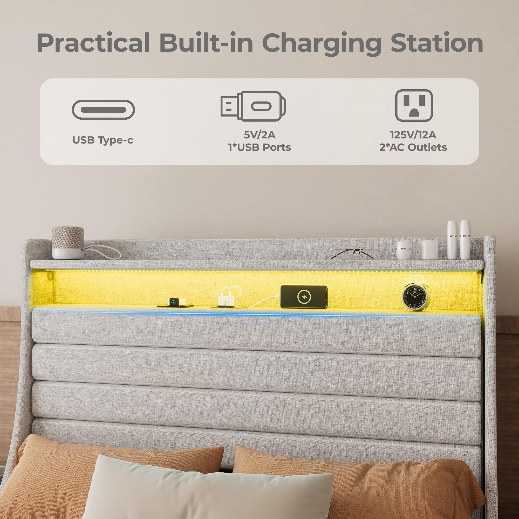 Towallmark Queen Size Bed Frame with LED Light & Power Outlet Upholstered Headboard,Bed Platform with Charging Station and 2-Tier Storage,Easy Assembly Wooden Slat Support,Beige