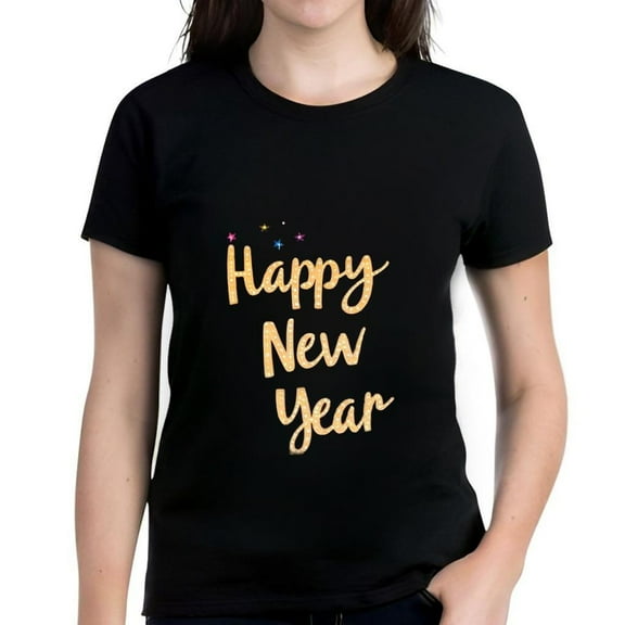 Festive Women's Cotton Short Sleeve T-Shirt - Glittery ' Happy New Year ' Design with Colorful Stars