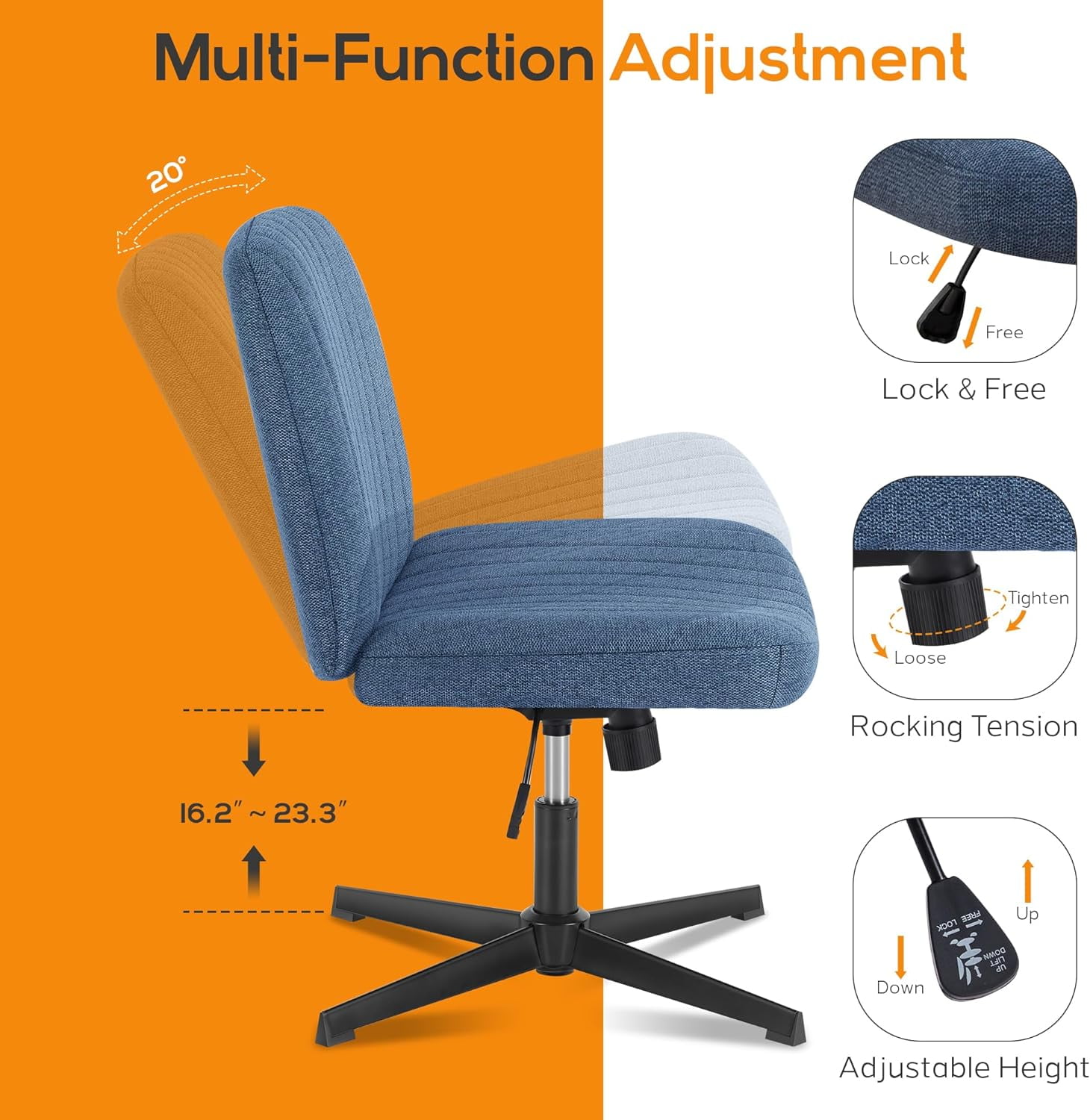 Criss Cross Chair, Cross Legged Office Chair, Wide Comfty Desk Chair, No Wheels Armless Computer Task Chair, Swivel Fabric Vanity Home Chair, Height Adjustable