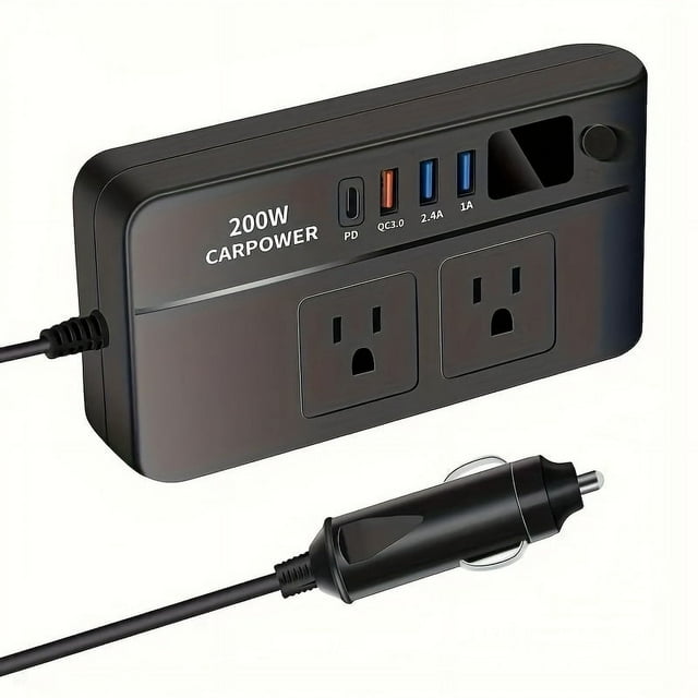 SUTENGDA 200W Car Power Inverter DC 12V To 110V AC Car Inverter 3 USB 1 Type-C Ports Charger Adapter Car Plug Converter With Switch And Current LED Screen Suitable For Car SUV & Truck