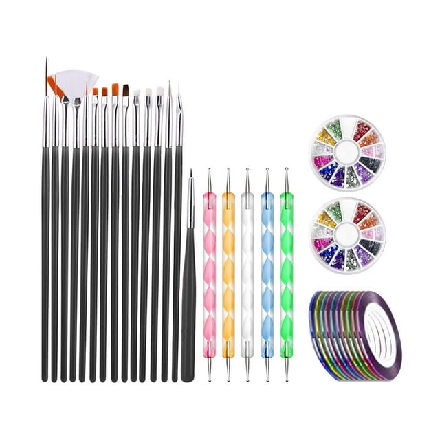 Kit de diseño de uñas de 32 piezas, 15 pinceles de uñas, 5 bolígrafos de puntos, 2 cajas de uñas con diamantes de imitación, 10 cintas de rayas y lámina dorada y plateada para manicura femenina profesional JM