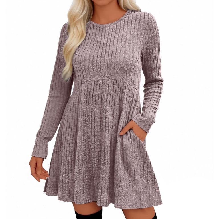 VINUSLI Plus Size Long Sweater Dress for Women Ribbed Knit Long Sleeve Dresses  Empire Waist Crewneck Winter Knee Length A Line Dress with Pockets Pink,XXL  - Walmart.com