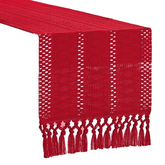 OIUR Boho Knitted Table Runner Handmade Rustic Table Runner with Tassels Cotton Linen Farmhouse Table Runner for Dining Table Sideboard Dresser Decor