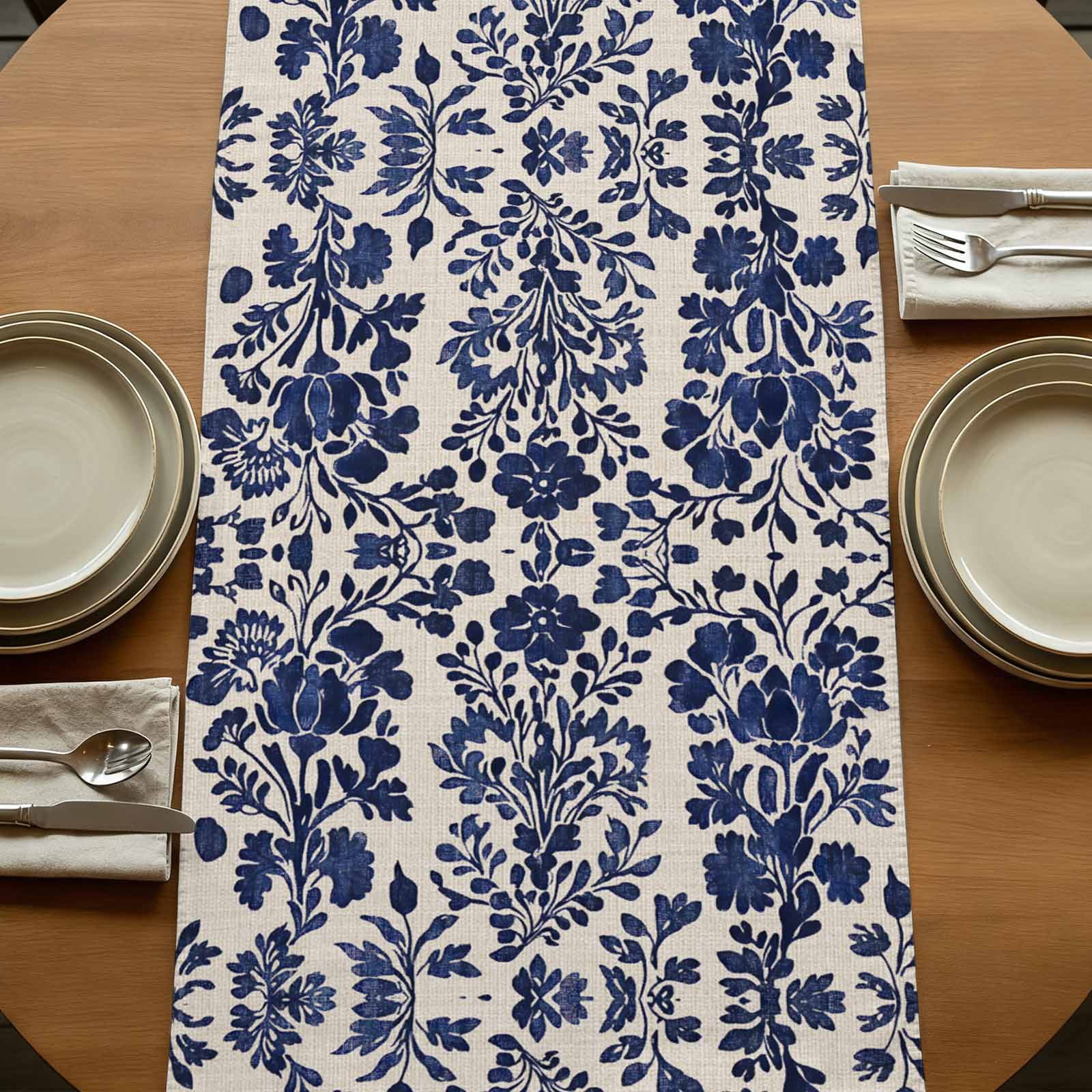 Blue Spring Floral 90 Inch Table Runner, Summer Botanical Farmhouse Rustic Farmhouse Dresser Scarf Cotton & Linen Tablerunner for Dining/Kitchen Island/Holiday Party Décor 13" x 90"