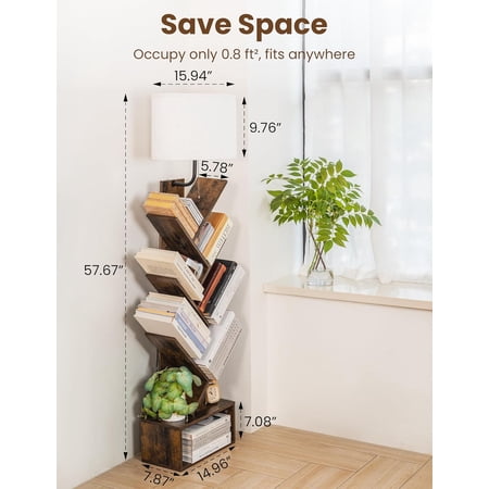 6 Tier Tree Bookshelf with Light, Corner Tall Narrow Bookshelf, Small Bookcase with Storage Cabinet,Floor Standing Bookshelves Organizer for Bedroom/Living Room/Home Office, Rustic Brown