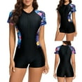 thumbnail image 2 of Jacenvly One Piece Swimsuits for Women 2024 Cozy Short Sleeve Diving Suit Color Block Zip Front Surfing Swimwear Lightweight Ladies Fashion Multicolor Leaf Print Zipper Women Piece Black, 2 of 9