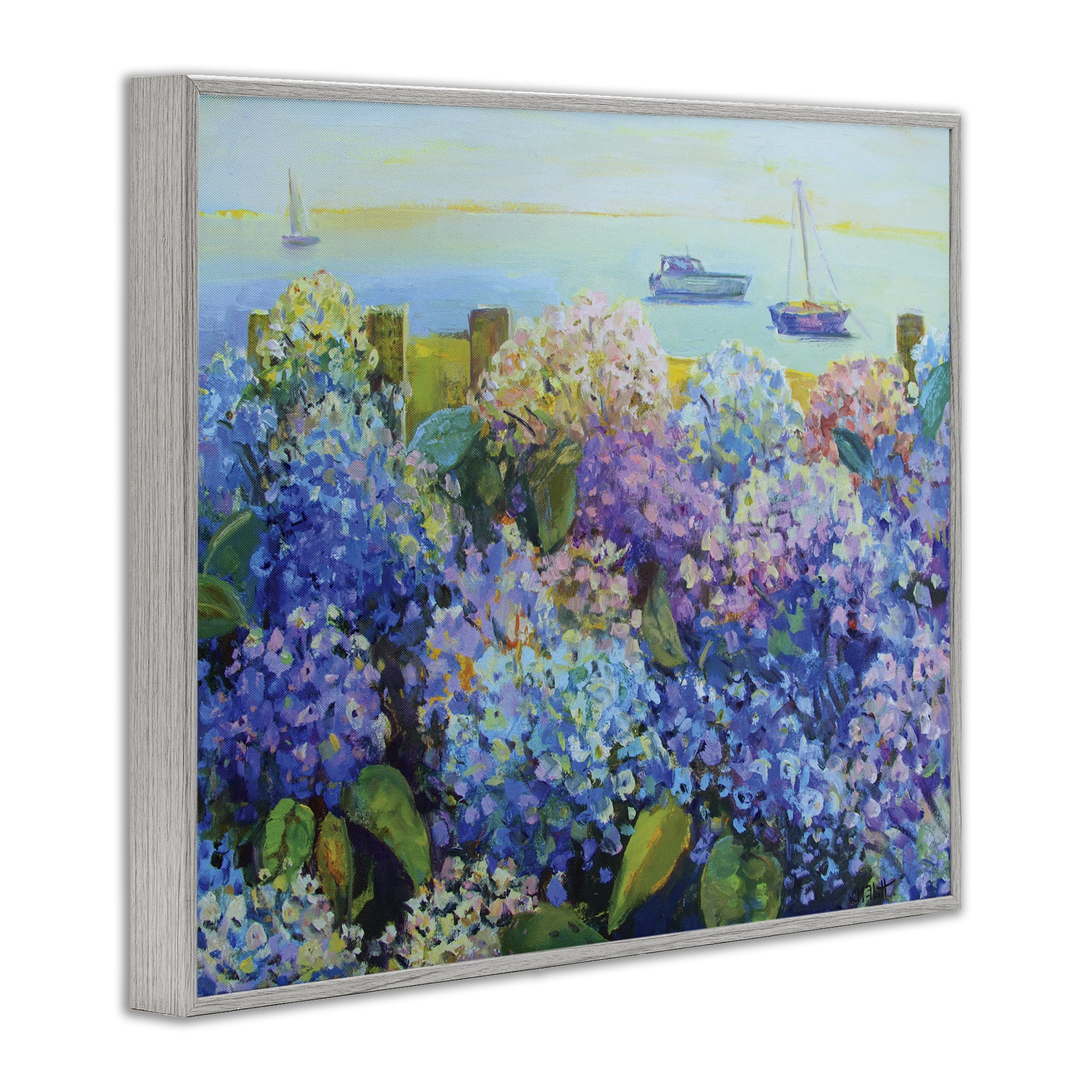 Stupell Industries Hydrangea By The Sea Landscape Painting Gray Framed Art Print Wall Art, 20 x 16