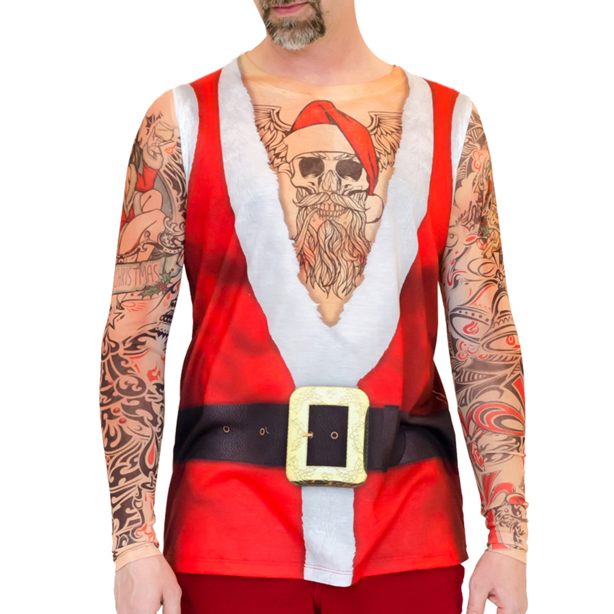 Holiday Santa Suit Tank with Tattoo Mesh Men's Long Sleeve Tee Shirt