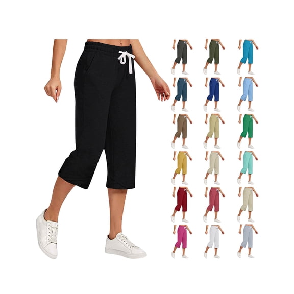Linen Shorts for Women Summer Cotton Casual Capri Pants Baggy Straight Breathable Elastic Waist Vacation Pants