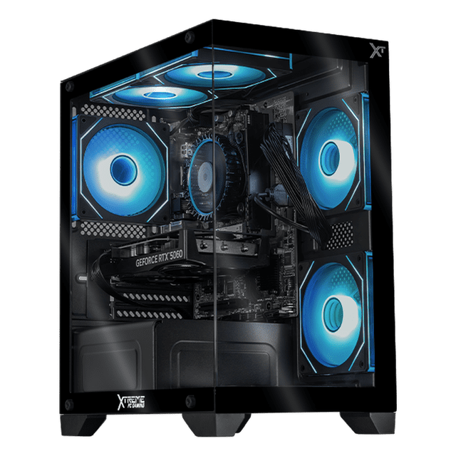pc gamer ia xtreme pc gaming nvidia geforce rtx 5060 intel core i7 14700f 16gb ssd 1tb wifi black productividad versátil acelerada con ia — torre negra 3/4 con paneles de vidrio templado, interior visible; placa madre H610 LGA1700, procesador Intel Core i7 14700F, tarjeta GeForce RTX 5060 con etiqueta, 16GB DDR4 y SSD 1TB. Gabinete con ventiladores ARGB azules, controladora de iluminación, cableado ordenado y fuente 600W 80 Plus Bronze. Fondo neutro; suele usarse también como estación de edición y streaming en 1080p.