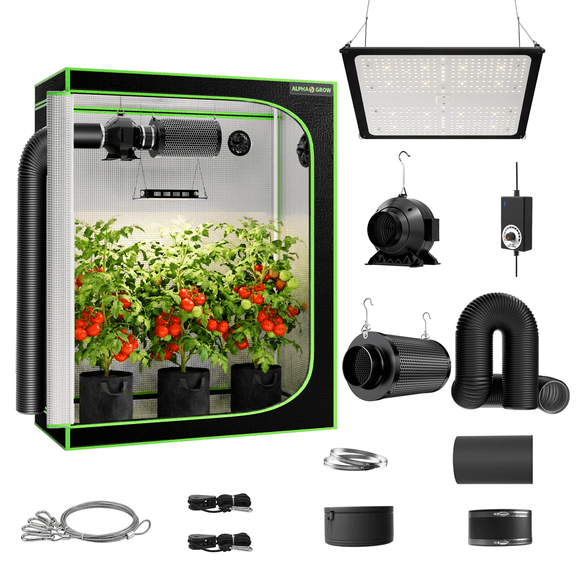 ALPHAGROW Indoor Grow Tent Kit, 48 x 24 x 60 in, 600D Fabric, 100 W LED, 4 in Inline Fan, and Carbon Filter