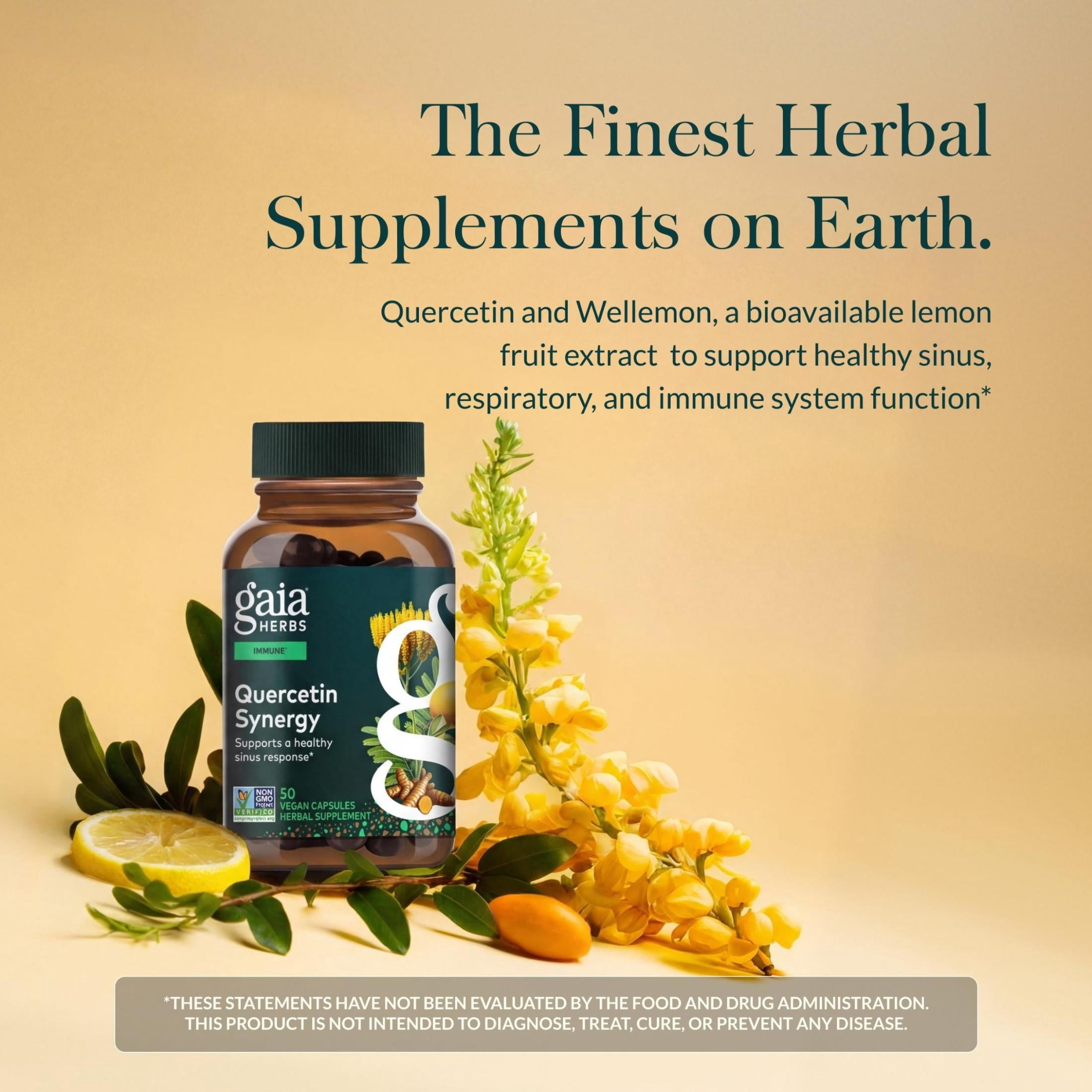 Gaia Herbs Quercetin Synergy - Supports Immune Health* - Wellemon Lemon Fruit Extract - 50 Vegan Capsules (50 Servings)