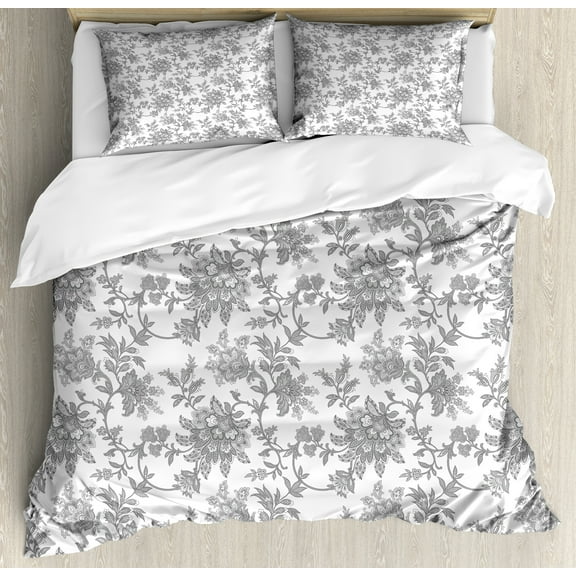 Floral Duvet Cover Set, Monochrome Petals Traditional Nature Influences Essence Art Print, Decorative 3 Piece Bedding Set with 2 Pillow Shams, Calking Size, Dimgray, by Ambesonne
