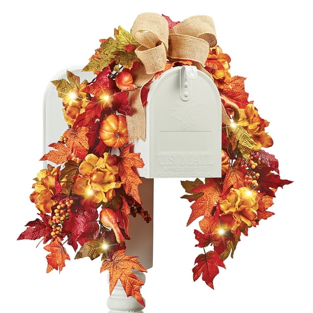 Solar Powered Autumn Mailbox Swags with Burlap Bow Outdoor Solar Fall