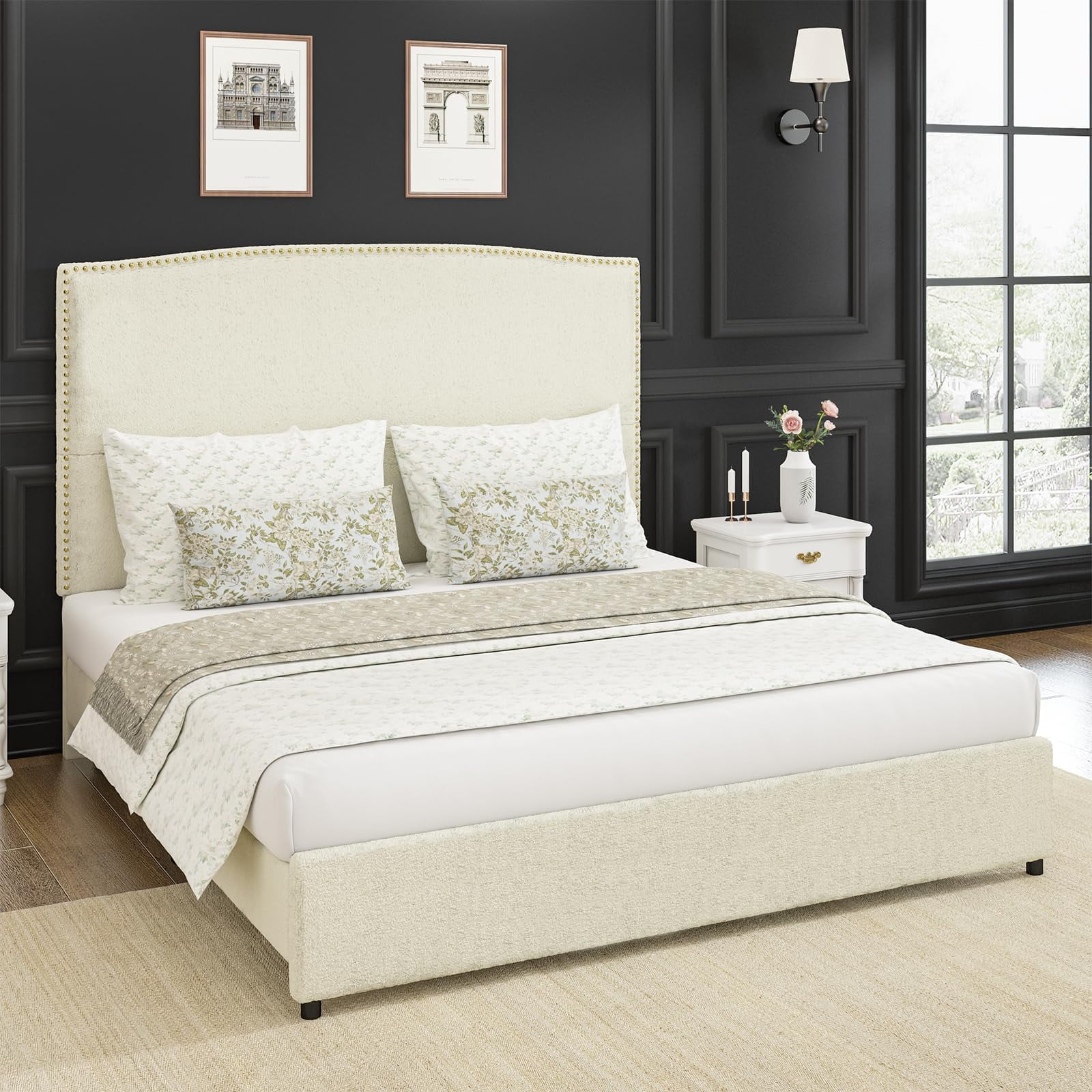 4 EVER WINNER King Bed Frame with 56" Tall Headboard, King Size Bed Frame with Nailhead Trim Headboard, King Upholstered Platform Bed, Beige