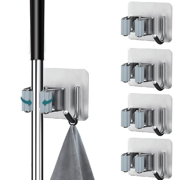 BTideas Soporte de Pared para Escobas Organizador de Escobas y Fregonas de Acero Inoxidable, 4 Pzas, Autoadhesivo, Plateado