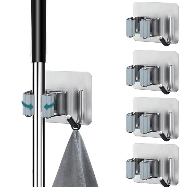 BTideas Soporte de Pared para Escobas Organizador de Escobas y Fregonas de Acero Inoxidable, 4 Pzas, Autoadhesivo, Plateado