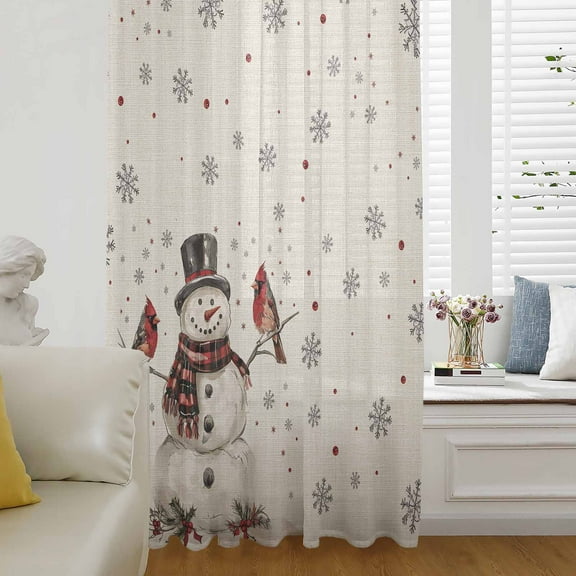 Christmas Semi Sheer Curtains Drapes for Living Room, Bedroom, French Doors Window 63 Inches Long, Snowman Snowflake Red Xmas Birds Rustic Rod Pocket Chiffon Curtain Drapery Voile Draperies Panel