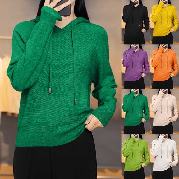 UTSJKR Women's Knitted Hoodies Casual Long Sleeve Drawstring Knit Textured Sweaters 2026 Fashion Solid Color Dressy Pullovers Black L