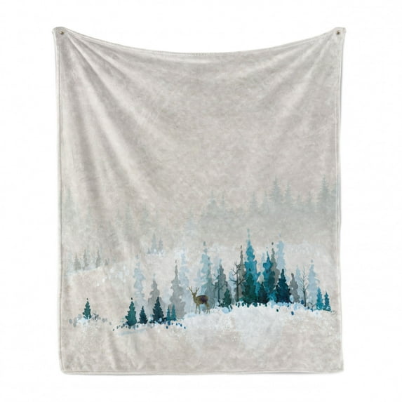 Christmas Soft Flannel Fleece Blanket, Watercolor Style Winter Scenery on the Valley with Shadow Effects Artisan Print, Cozy Plush for Indoor and Outdoor Use, 50" x 60", White Blue, by Ambesonne