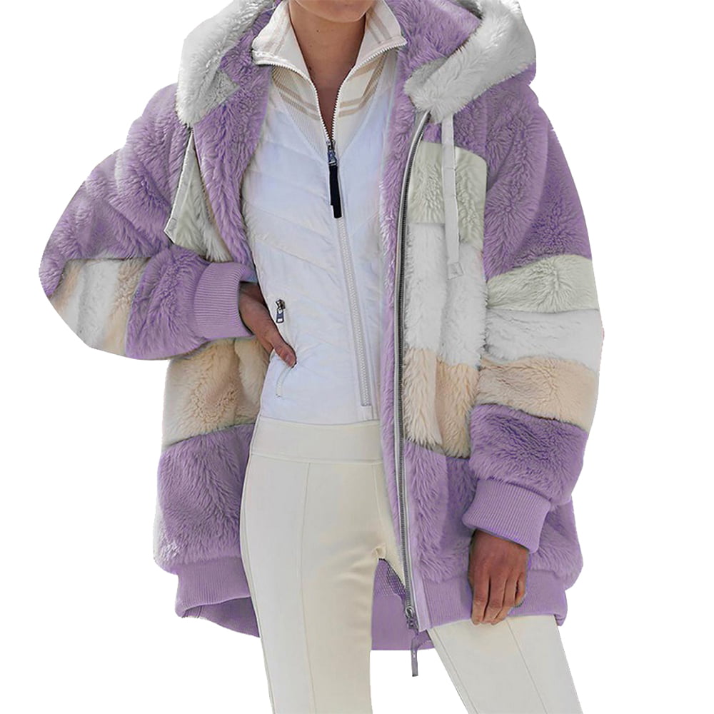 KZKR Winter Plush Coat for Women Color Block Long Sleeve Cardigan ...