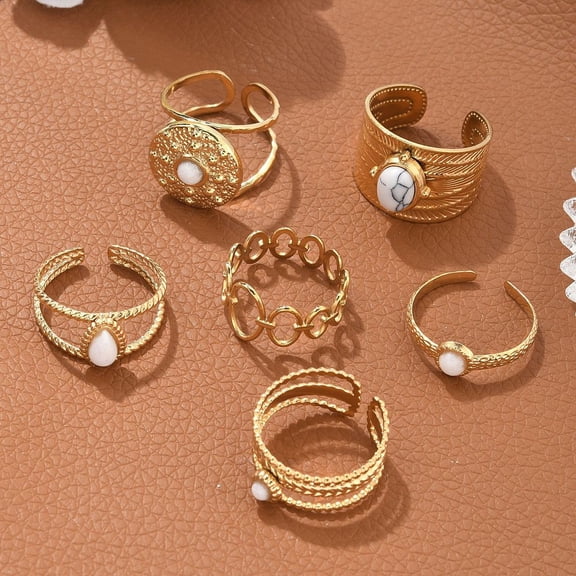 1Set 6Pcs 6 Style Oval & Flat Round & Teardrop 304 Stainless Steel Open Cuff Rings Set Natural White Jade Stackable Rings Real 18K Gold Plated Inner Diameter: 17~18.4mm 1Pc/style