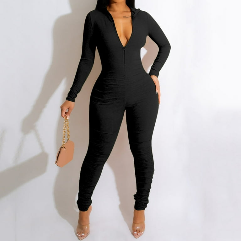 Shapewear Bodysuit For Women Tummy Control Threaded Zipper V Neck Lifting  Slim One Piece Jumpsuits For Women Black XXL