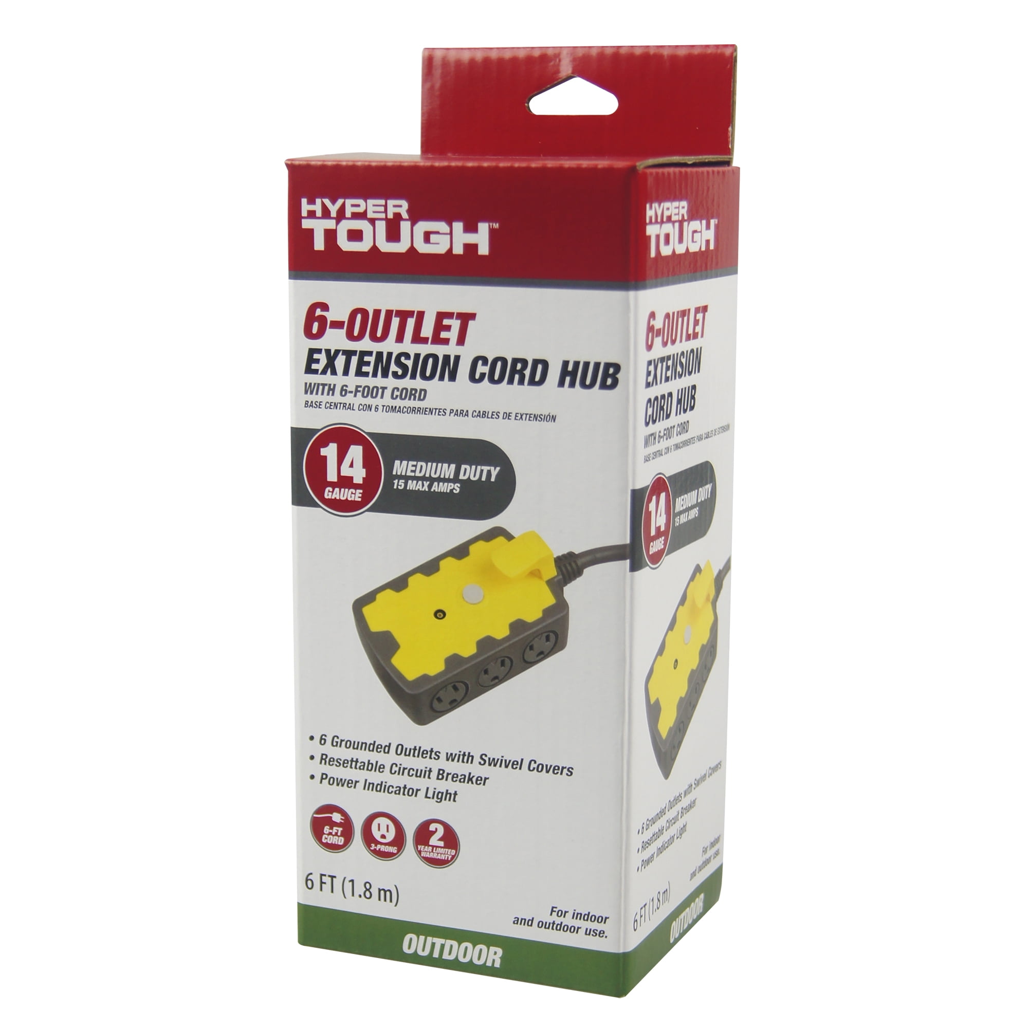 Hyper Tough Outdoor 6Outlet 6ft Extension Cord Hub, Yellow/Gray