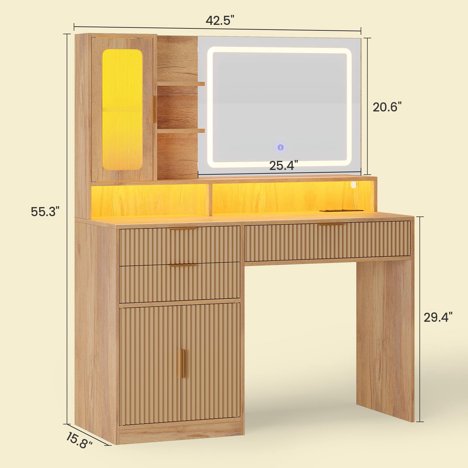Fluted Makeup Vanity Desk with Touch Screen Mirror and Lights, Wood Vanity Table with Charging Station & LED Lights, with 3 Drawers & Cabinet & Shelves, Oak
