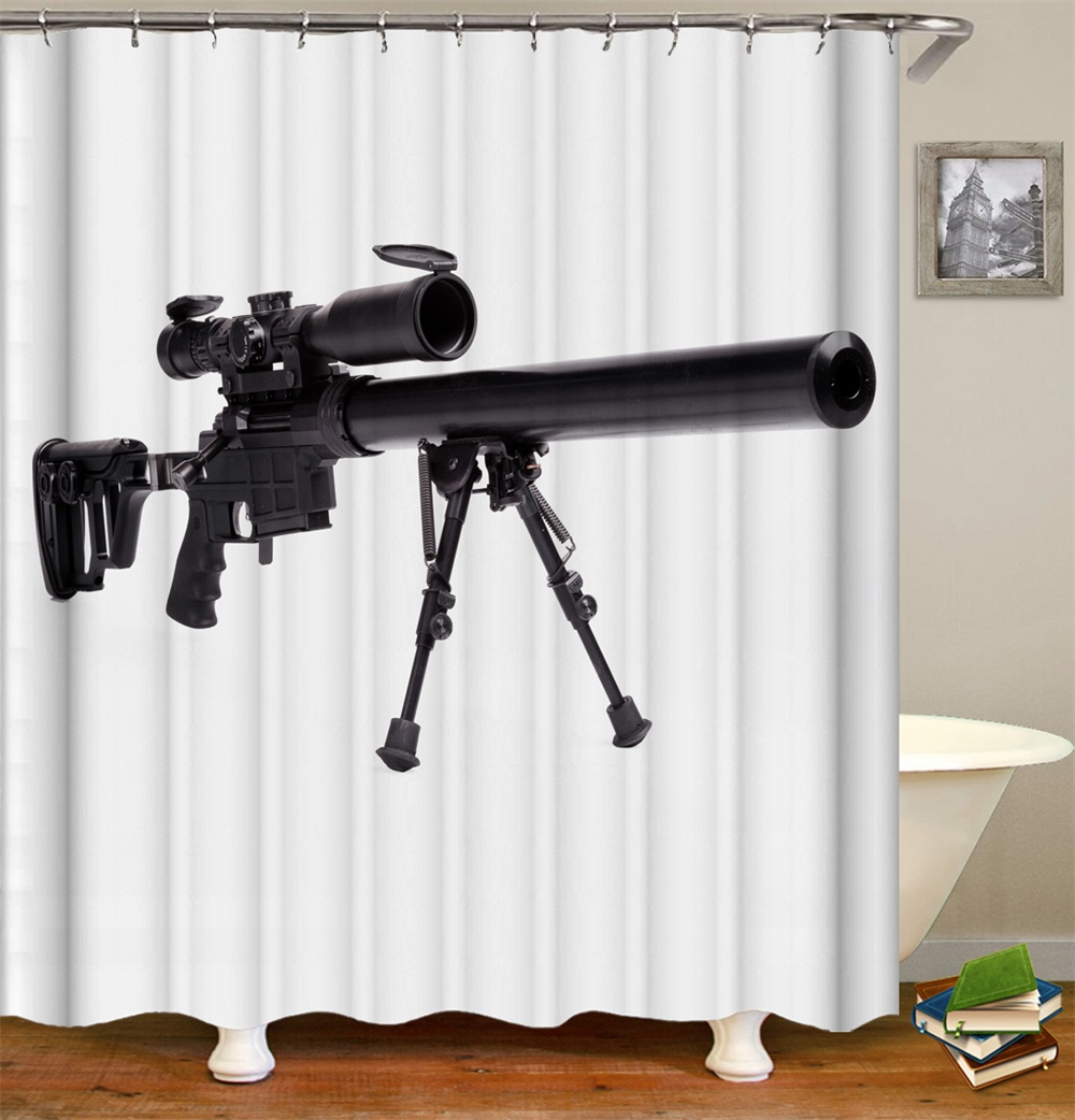 Shower Curtain Set With Hooks White Cloth Black Gun Sniper Rifle