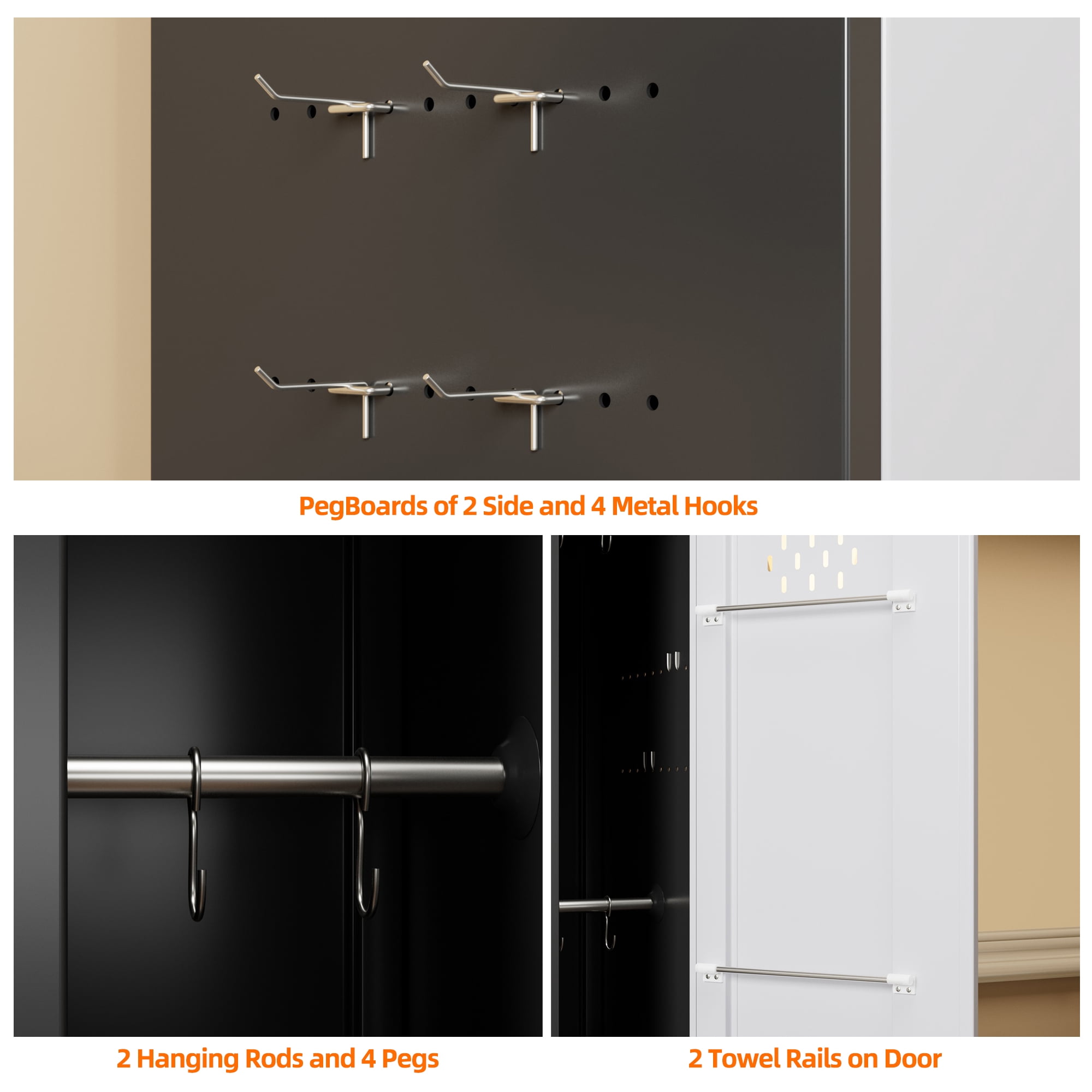 Aobabo 72''H Metal Broom Closet Storage Cabinet with Wheels, Steel Cleaning Tool Cabinet for Garage with Pegboards and Hooks,Assembly Required,Black/White