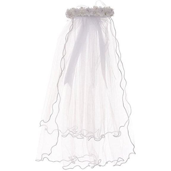 Flower Girl Veil Multi Flowers Decorated with Rhinestone & Pearl White TR T101