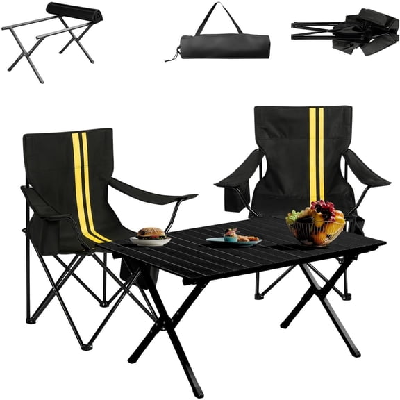 Folding Camping Chair and Table Set of 3, Outdoor Camping Chair kit with Cooler Bag, Aluminum Roll Up Table and Carry Bag for Camping Fishing Beach Picnic BBQ