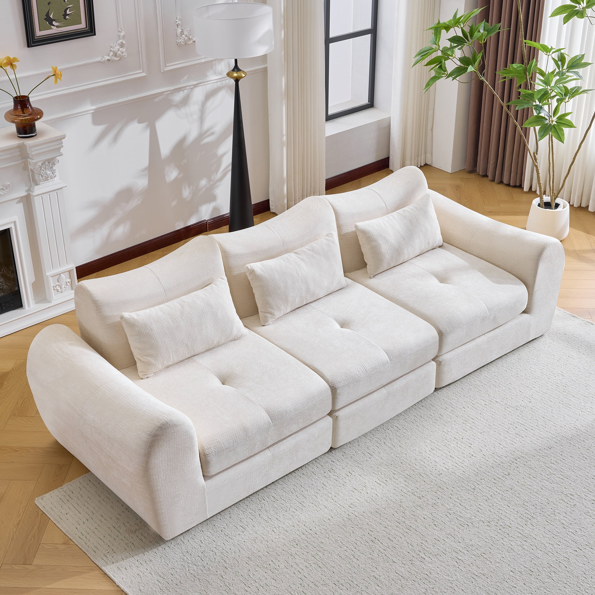 BSHTI 101.58" Chenille Modular Cloud Sofa, Comfortable Sectional Sofa with Convertible Folding Design for Living Room（White）