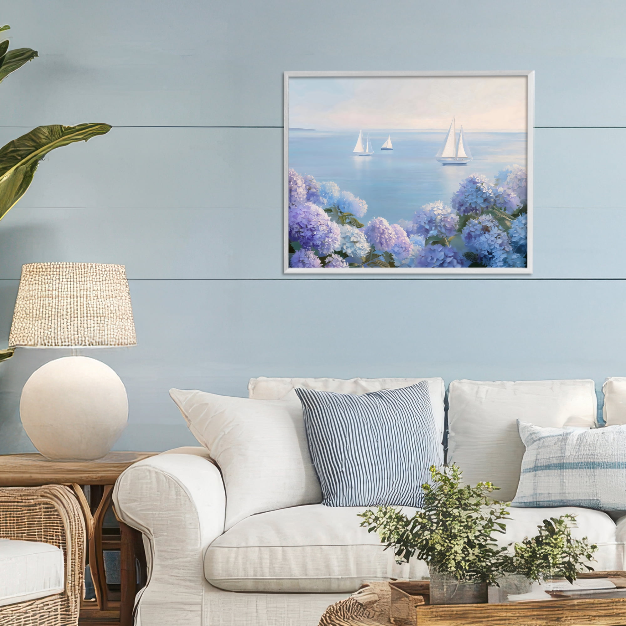 Stupell Industries Sailboats & Hydrangeas at Sea White Framed Giclee Art, design by LSR Design Studio