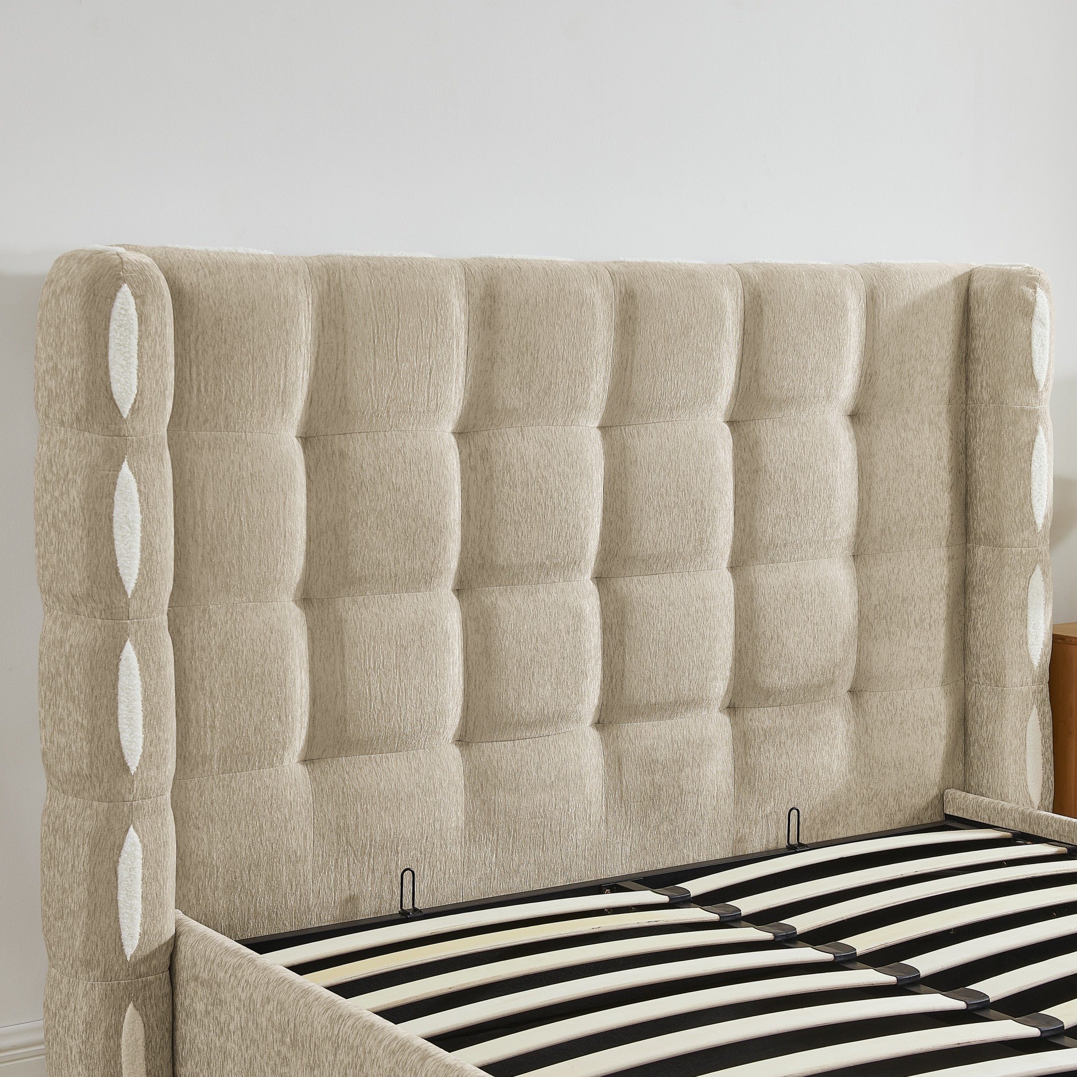 Noble House Elite Queen Size Upholstered Platform Bed with Removable Chenille Wingback and Under-Bed Storage, Khaki