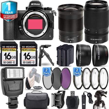 Nikon Z6 II Mirrorless Camera with 50-250mm f/4.5-6.3 VR Lens + 24mm f/1.8 S Lens + Flash + 32Gb + 3 PC Filter Set + Remote- Kit