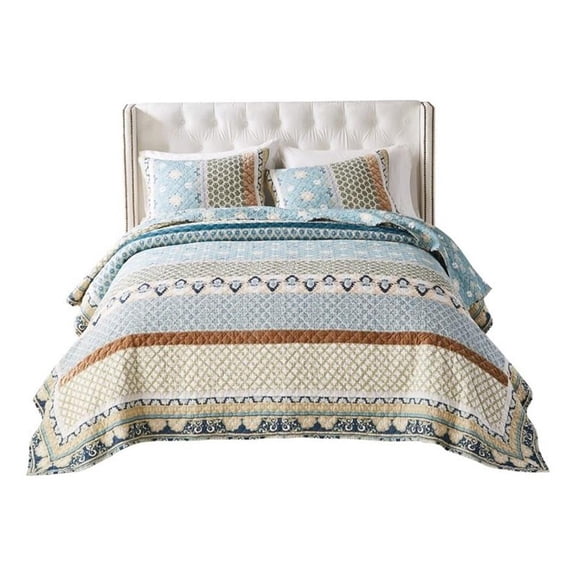 Benjara Ello 3pc King Size Quilt and Pillow Sham Set- Bohemian Print- Multicolor