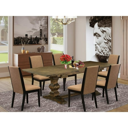 East West Furniture 7-pc wood dining table set with Chair’s Legs and Light Sable Linen Fabric East West Furniture 7-pc wood dining table set with Chair’s Legs and Light Sable Linen Fabric