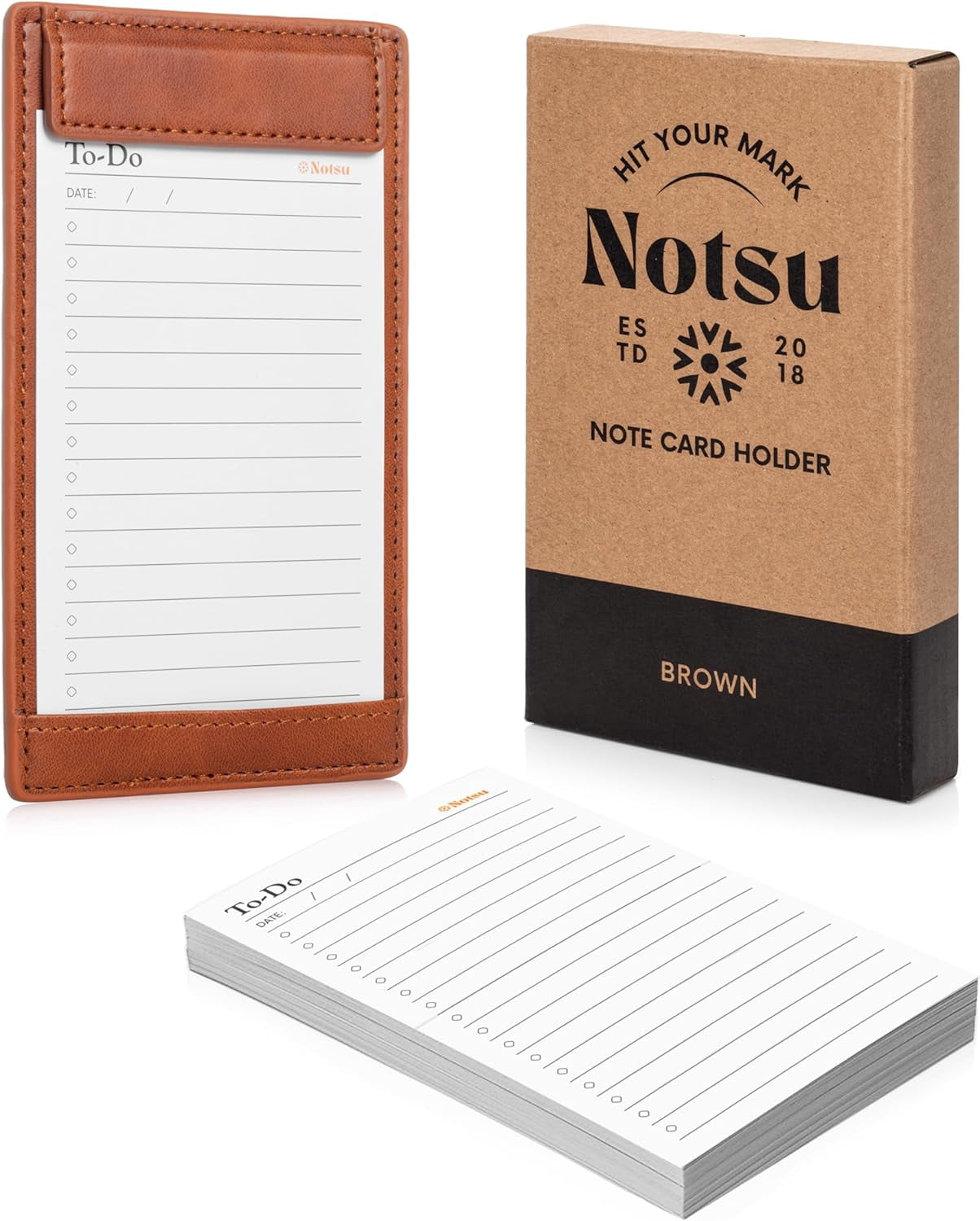Notsu Note Card Holder | Minimalist 3x5 Inch Index Card Holder Handheld Case in Premium Brown Vegan Leather with 25 To Do List Notecards