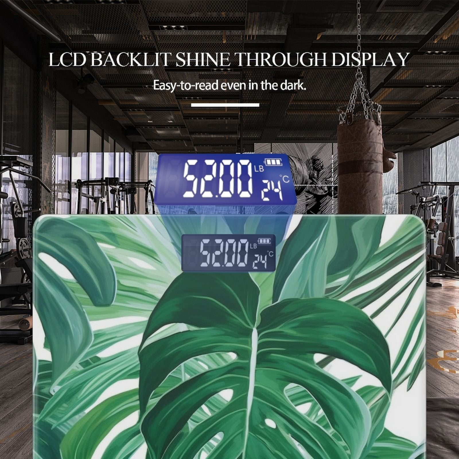Digital Bathroom Scale with Large LCD Display,High Capacity Scale 400 lbs High Precision body fat scale-Green Leaves On White Background