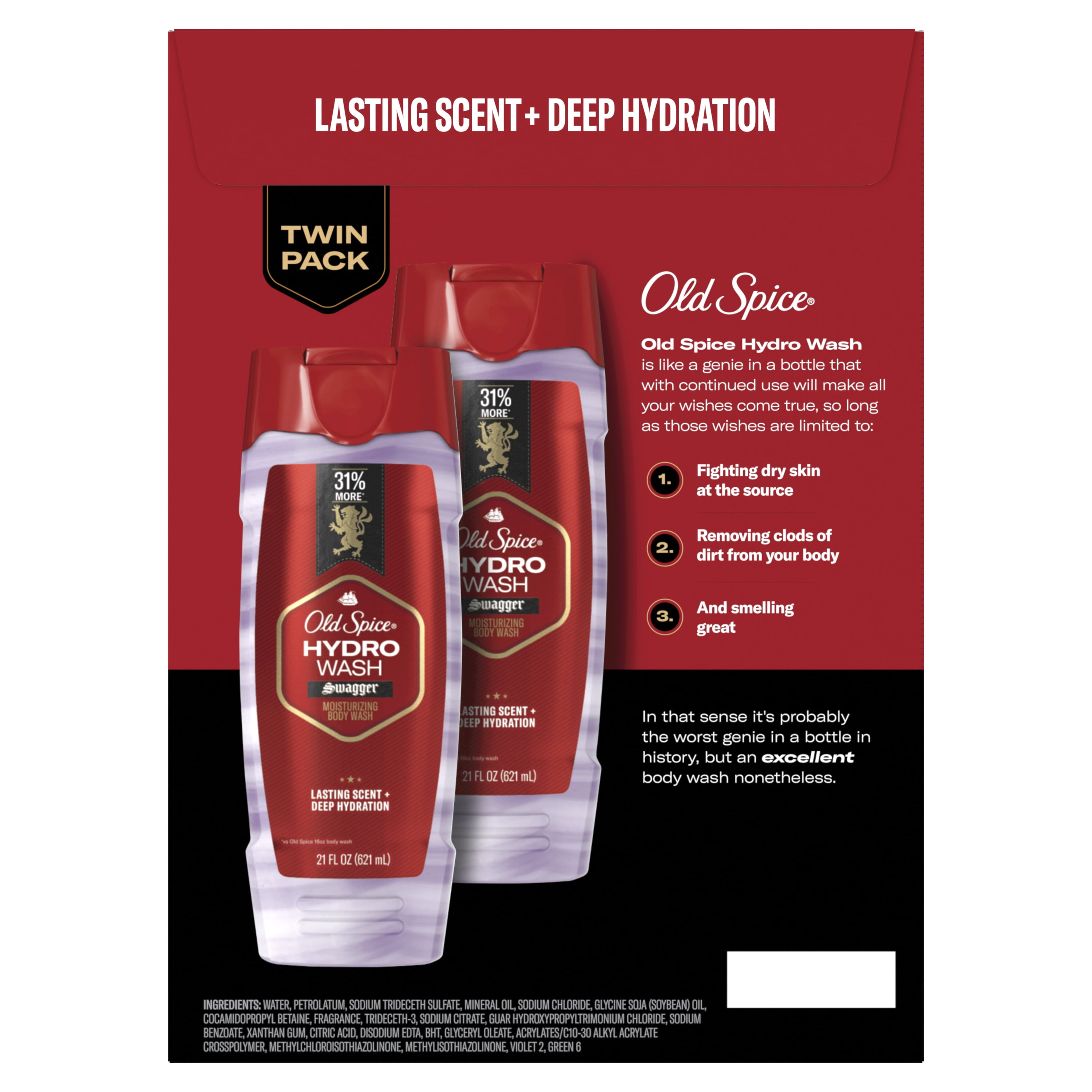 Old Spice Men's Moisturizing Hydro Body Wash, Swagger Scent, for All Skin Types, 21 fl oz, Twin Pack