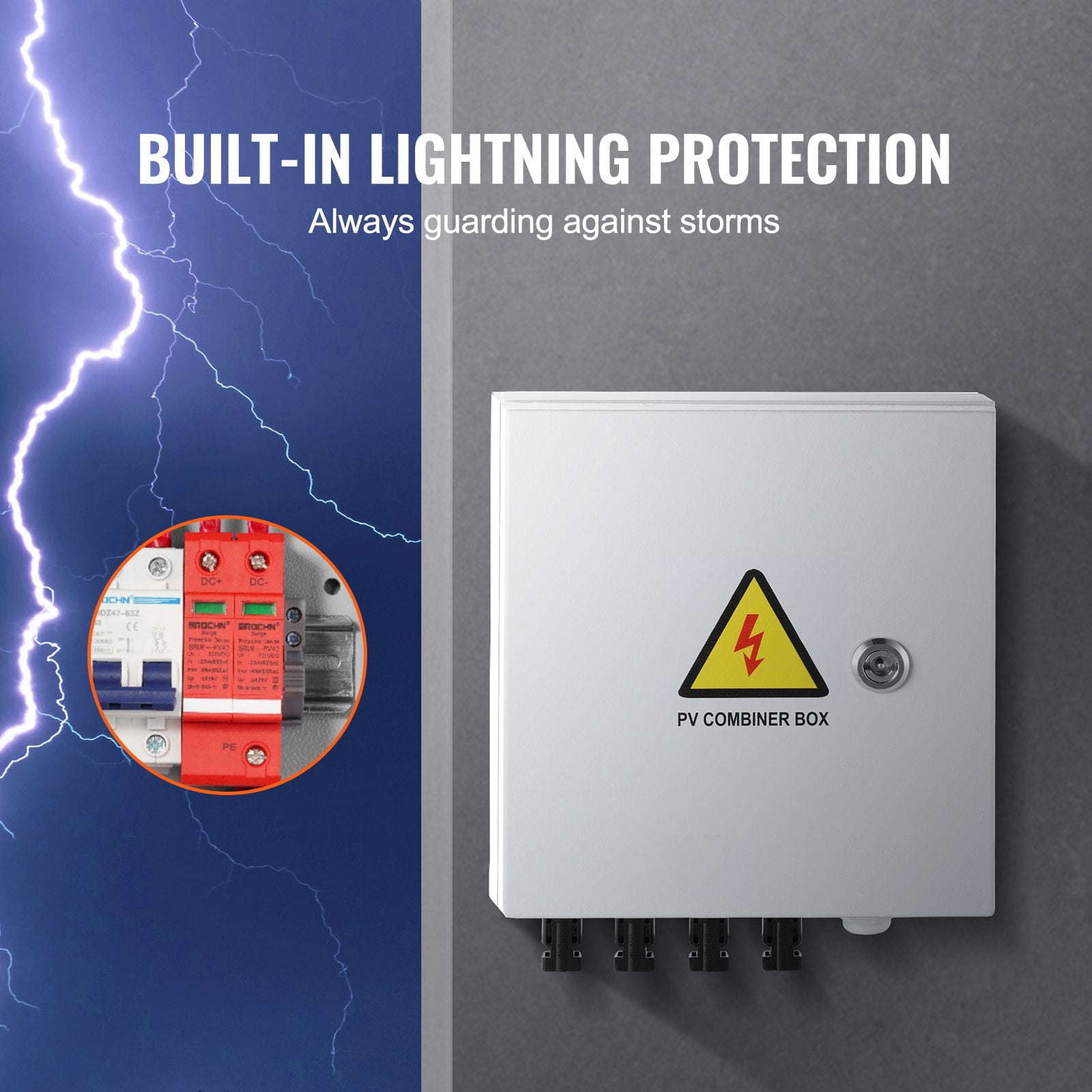 4-String PV Combiner Box with 15A DC Fuses, 63A Circuit Breaker, IP65 Waterproof, Lightning Protection, for Solar Panel Systems